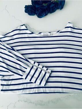 Calvin Klein White and Navy Striped 3/4 Sleeve Boatneck Top